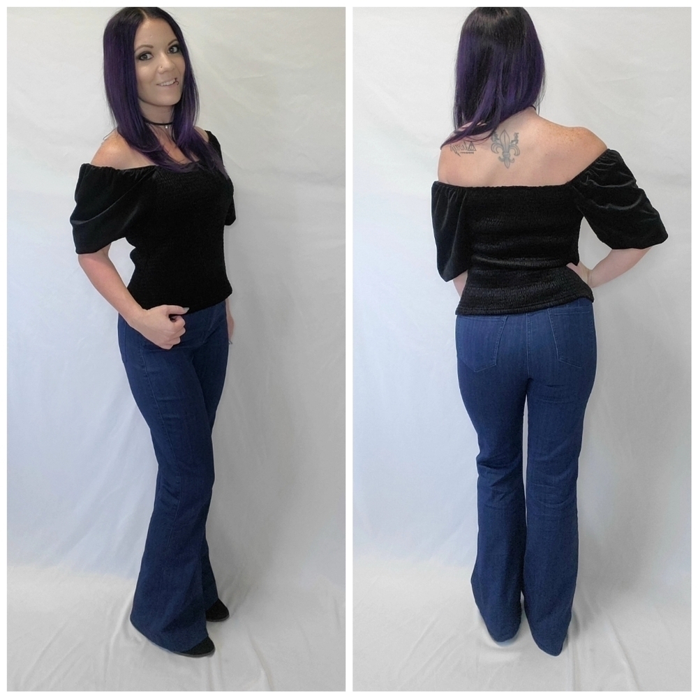 Skies Are Blue Black Velvet Square Neck Smocked Puffed Sleeve Top